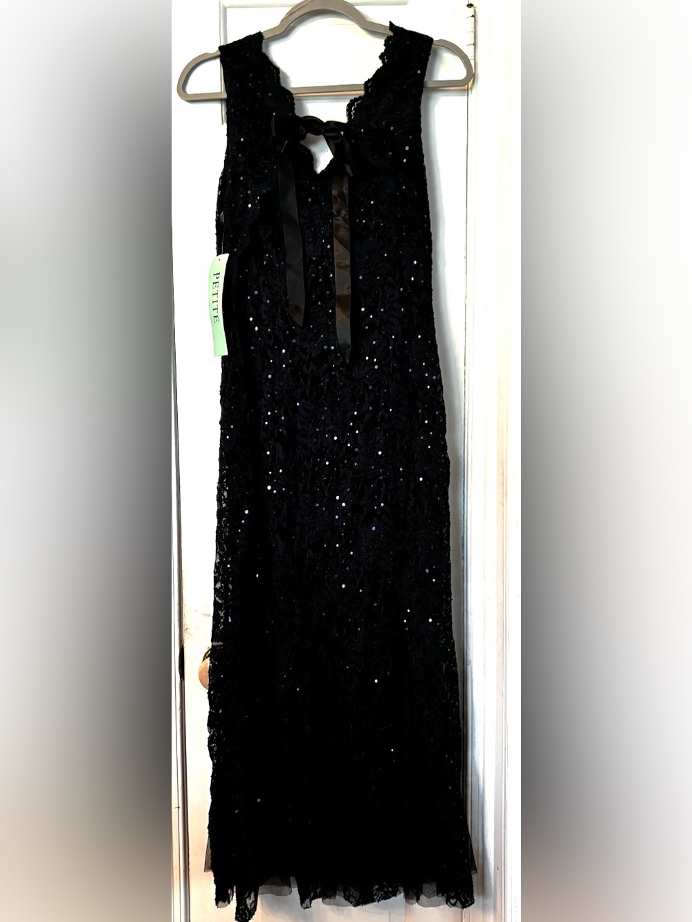 Candalite Petite Black and Navy Sequin Long Lace Dress and Tie Open Back size PM